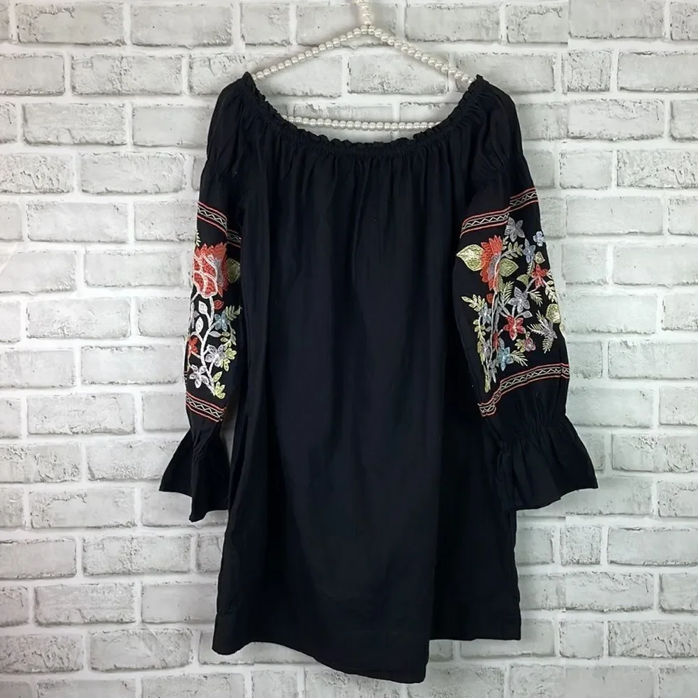 Free People Fluer Du Jour Black Dress Floral Multicolor Embroidery Med